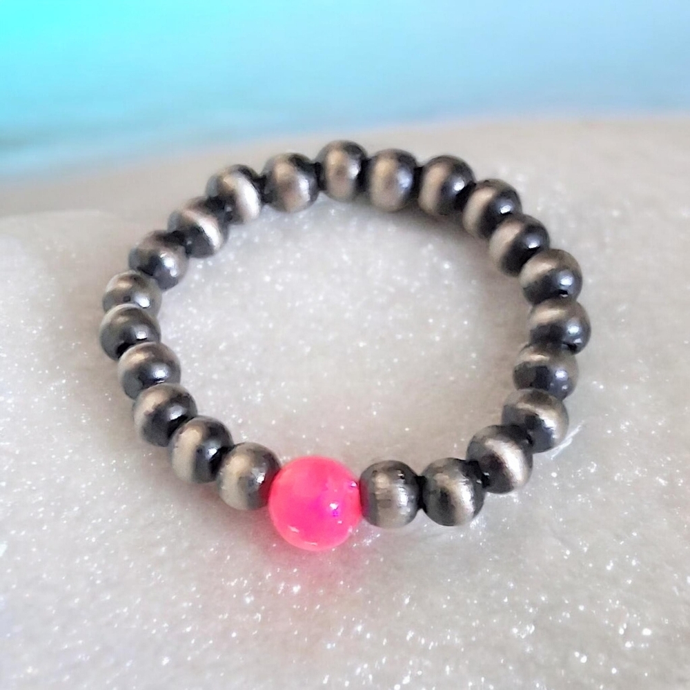 DESERT PEARL AND PINK AURORA OPAL STRETCH RING 925 STERLING SILVER SIZE 7 - 9